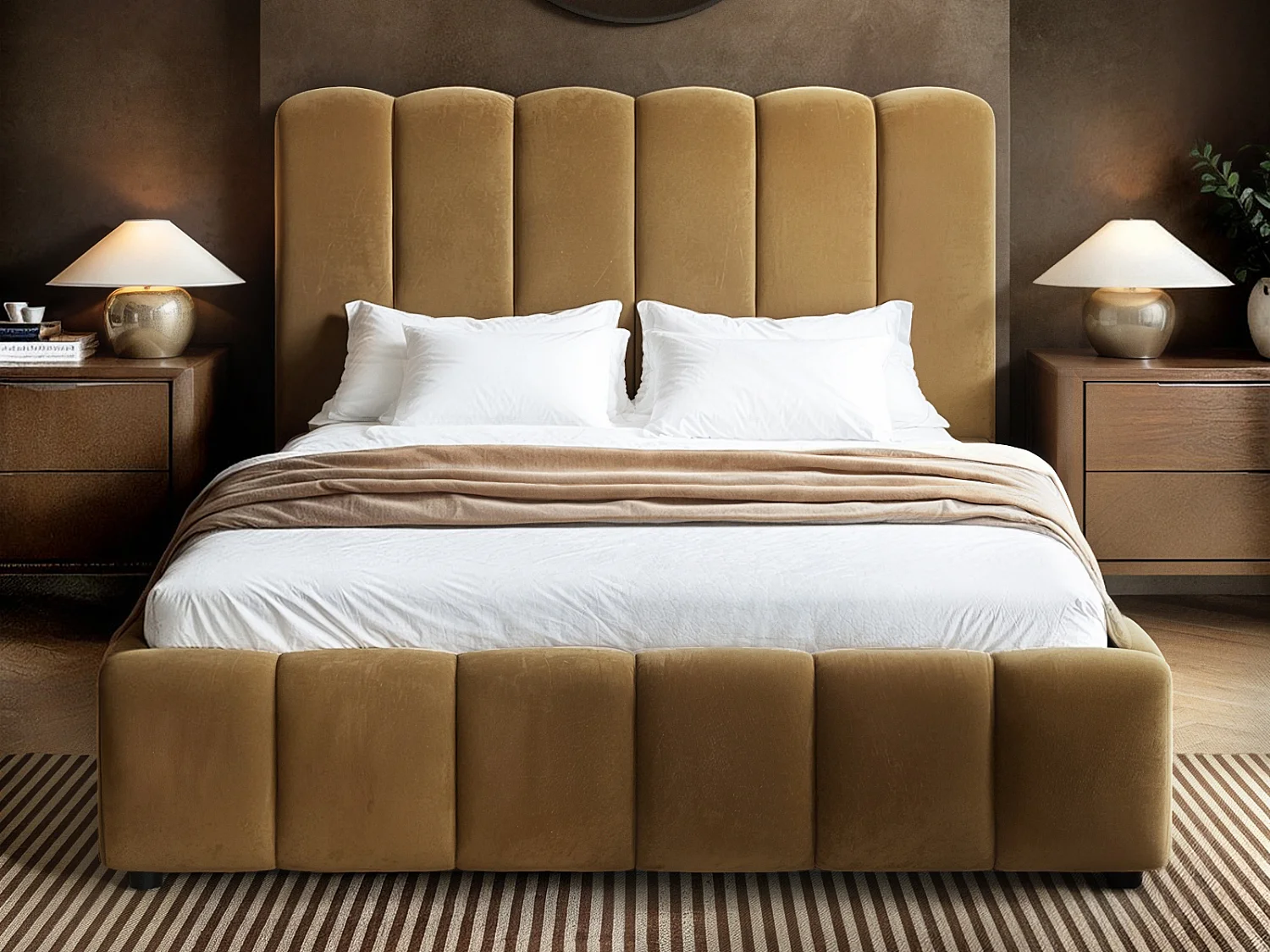 SOLACE+CO Emilie Ribbed Double Ottoman Bed Mocha Velvet