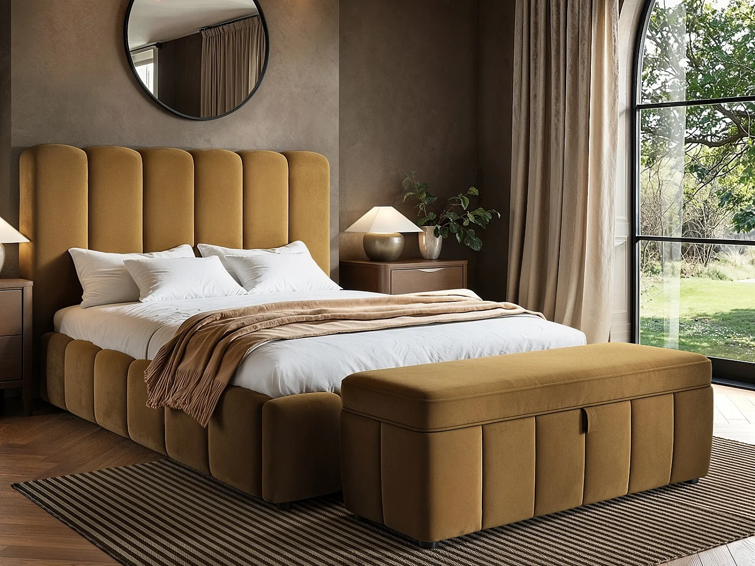 SOLACE+CO Emilie Ribbed Double Ottoman Bed Mocha Velvet