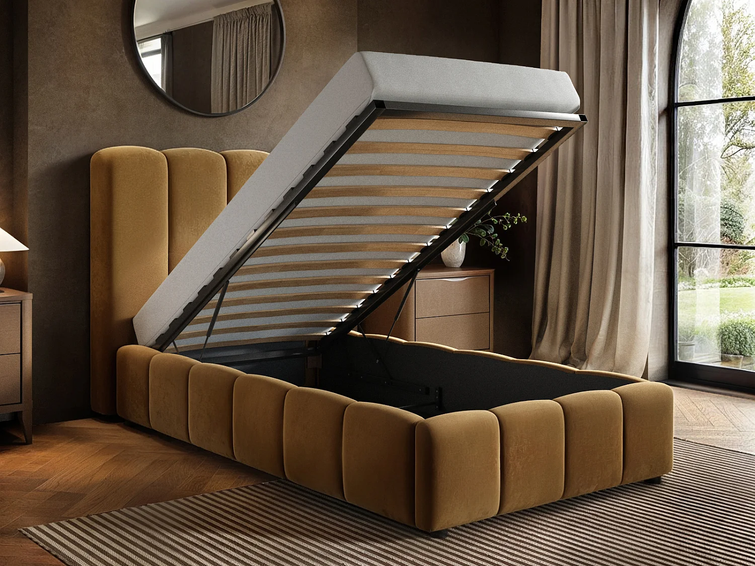 SOLACE+CO Emilie Ribbed Single Ottoman Bed Mocha Velvet