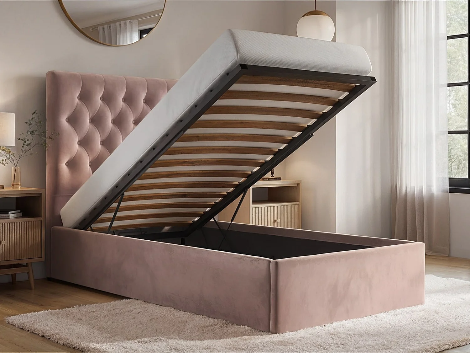Flair Milan Single Velvet Ottoman Bed Pink