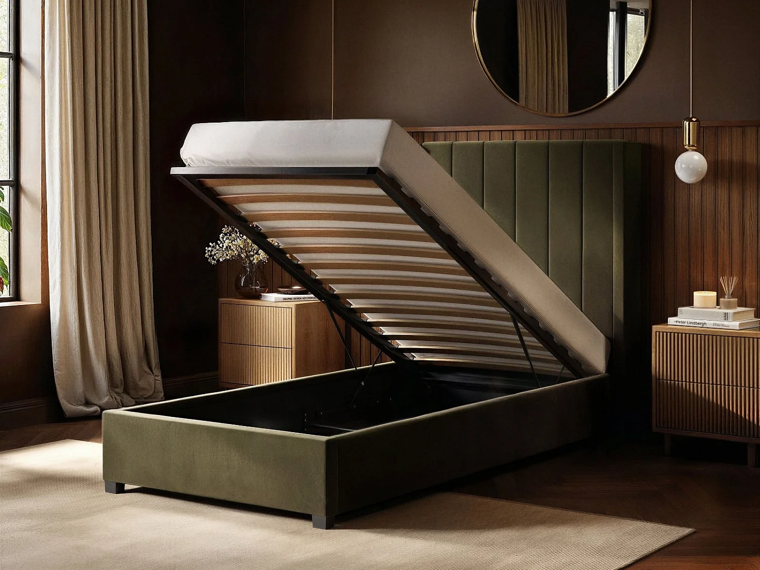 Flair Tiggy Single Ottoman Bed Khaki Green Velvet