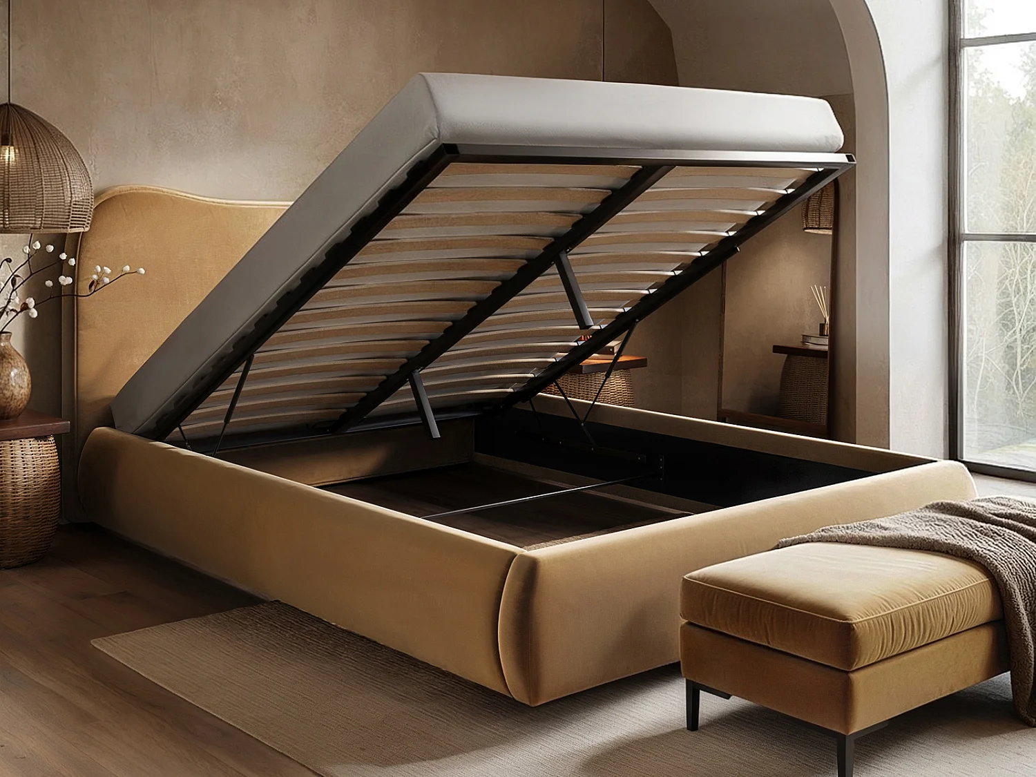 SOLACE+CO Ember Ottoman Bed Sand Velvet Double