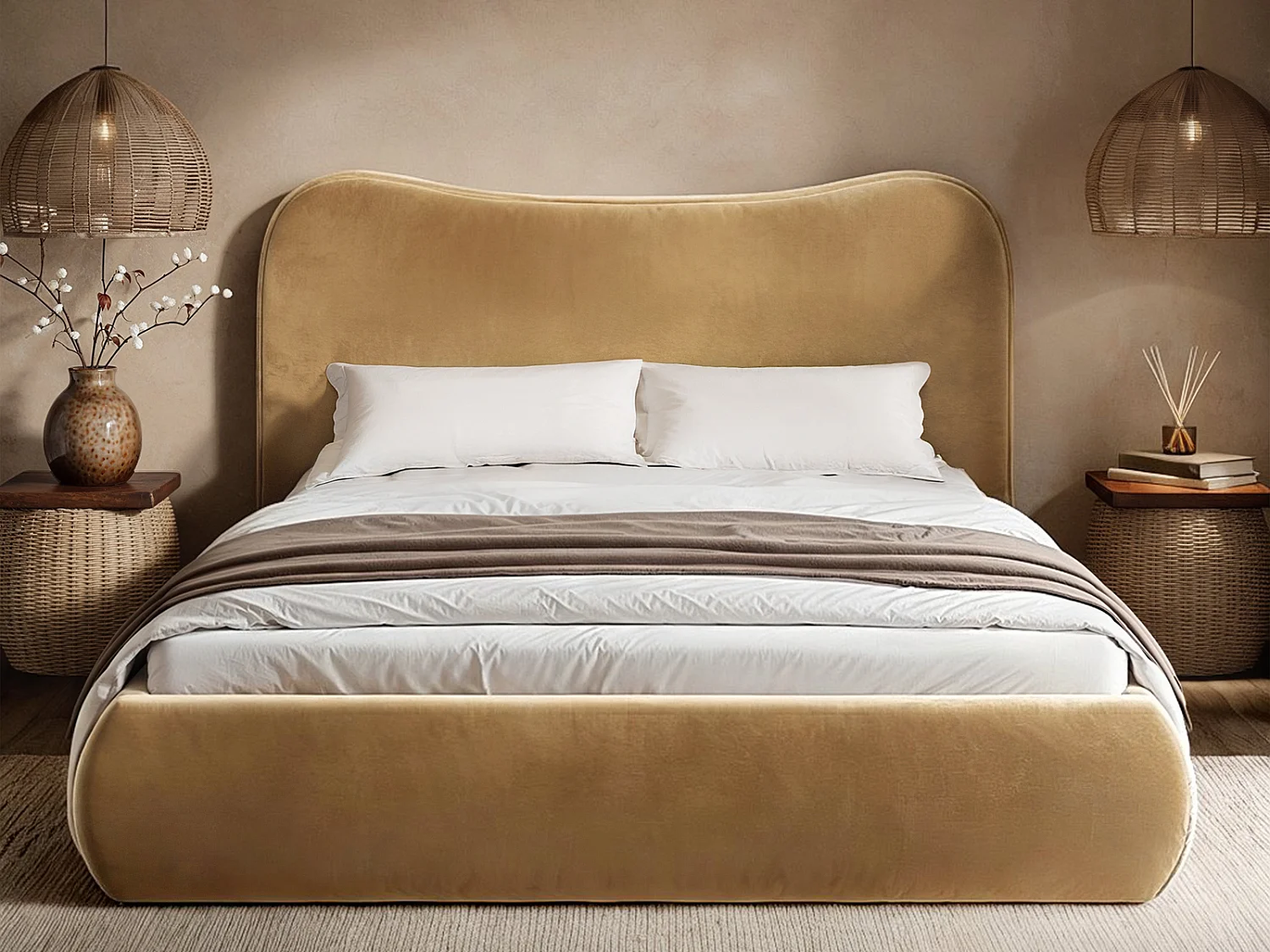 SOLACE+CO Ember Ottoman Bed Sand Velvet Double