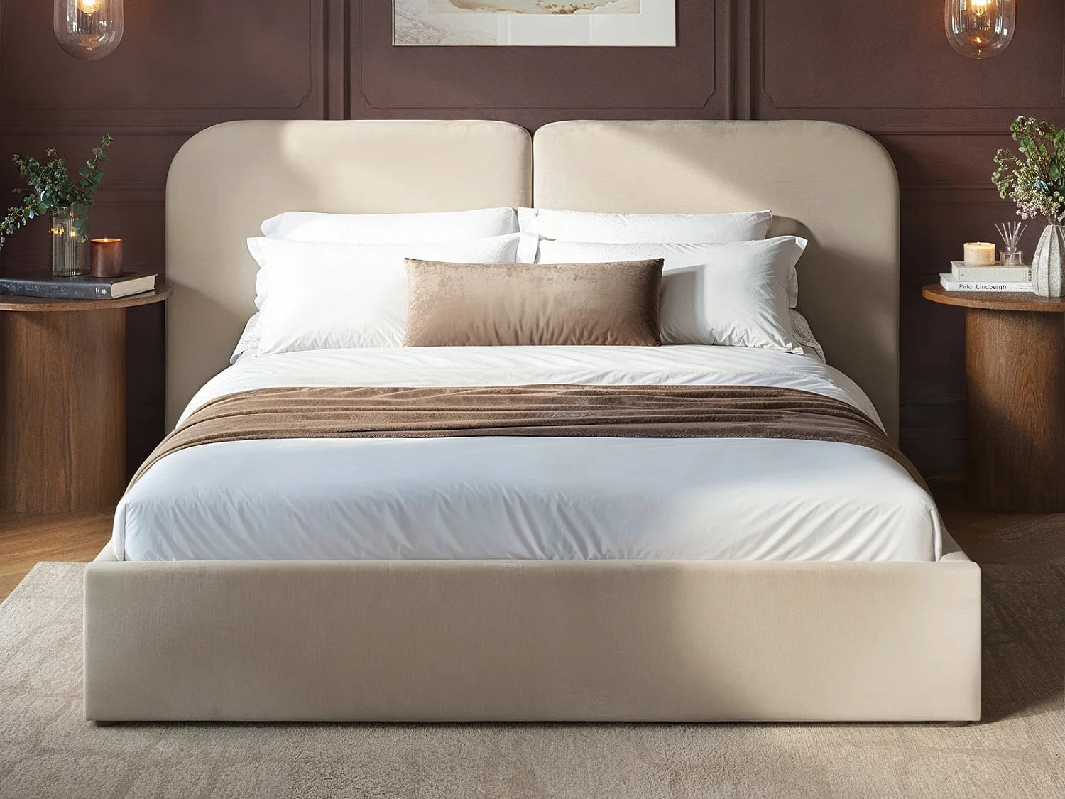 SOLACE+CO Lena Double Velvet Ottoman Bed Beige Velvet