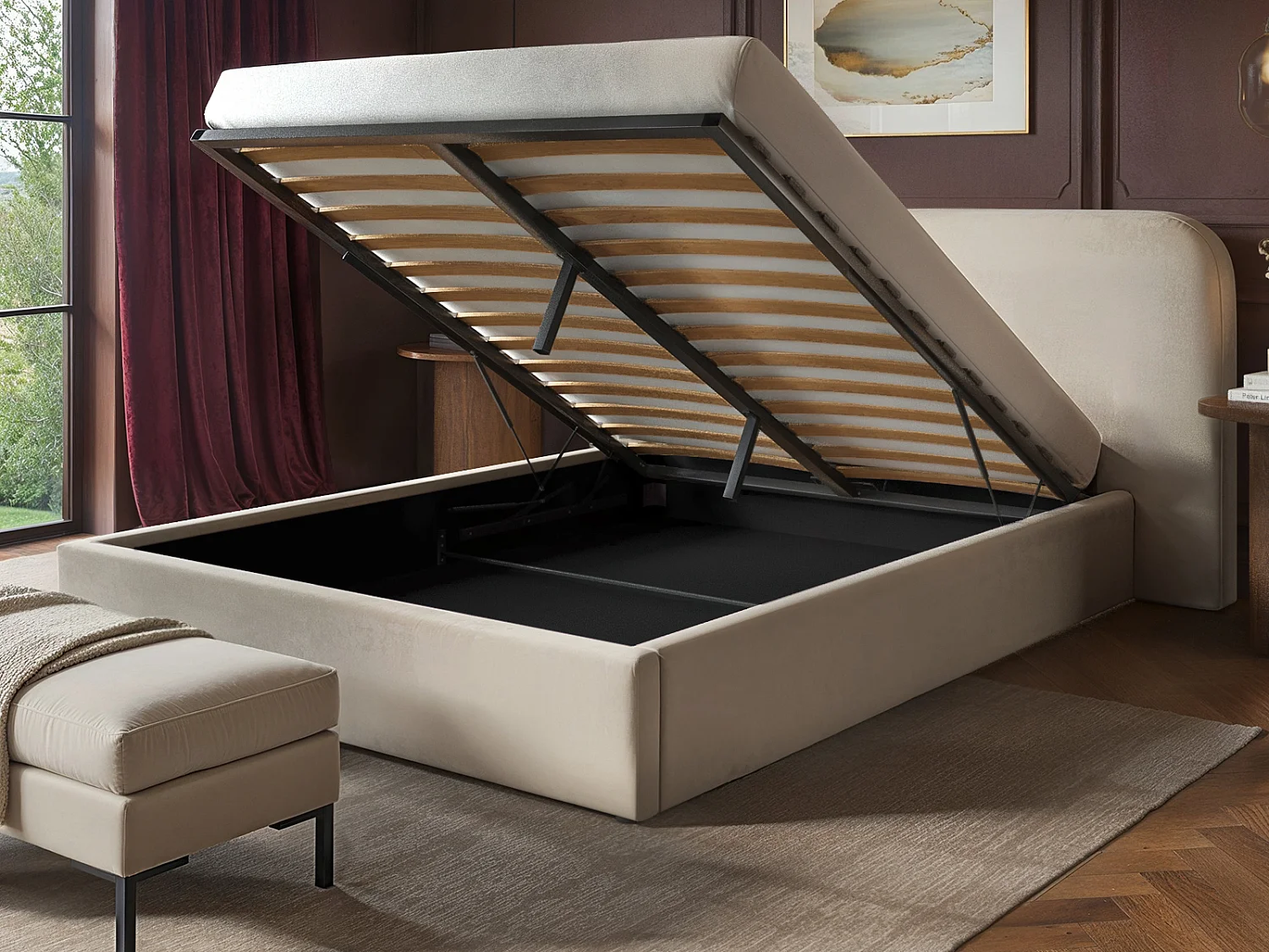 SOLACE+CO Lena Double Velvet Ottoman Bed Beige Velvet