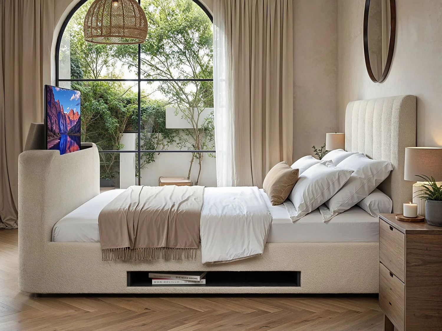 Flair Megane Boucle Side Lift TV Ottoman Bed Cream Double