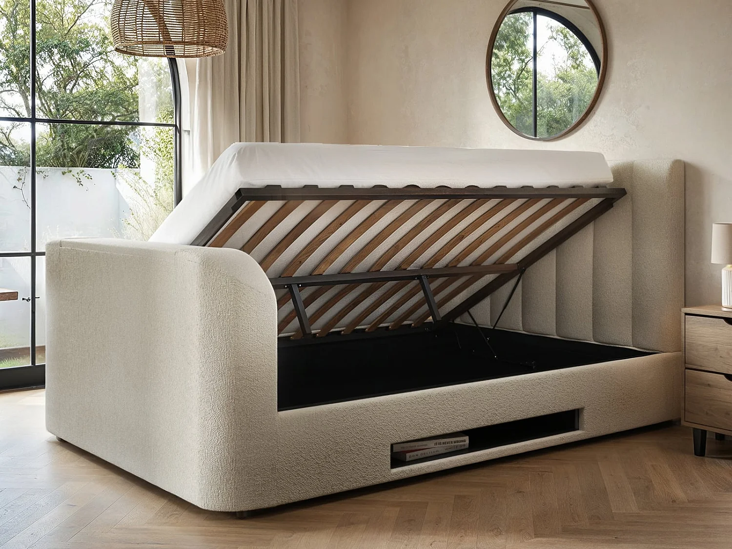 Flair Megane Boucle Side Lift TV Ottoman Bed Cream Double