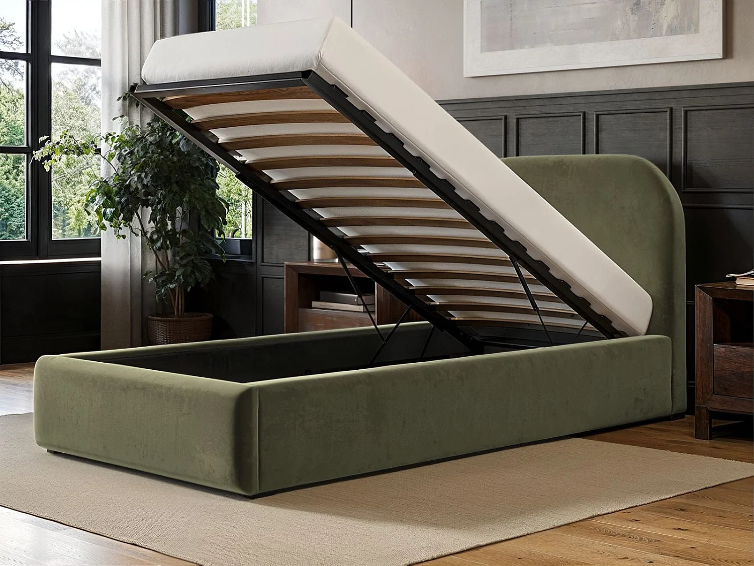 Flair Alba Single Ottoman Bed Khaki Green Velvet
