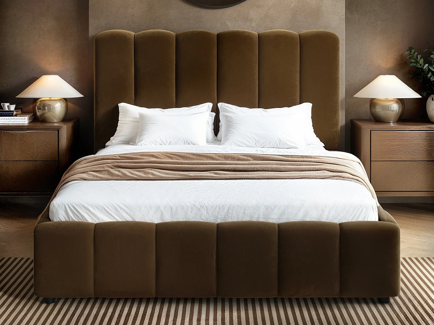 SOLACE+CO Emilie Ribbed Double Ottoman Bed Brown Velvet