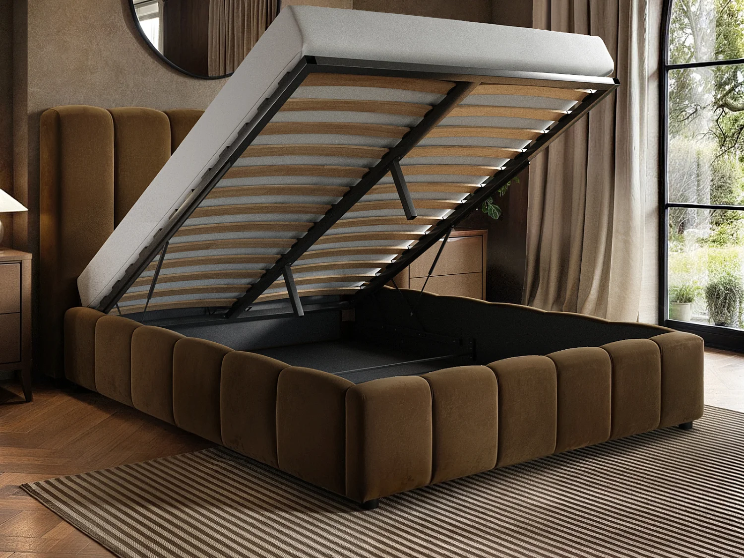 SOLACE+CO Emilie Ribbed Double Ottoman Bed Brown Velvet