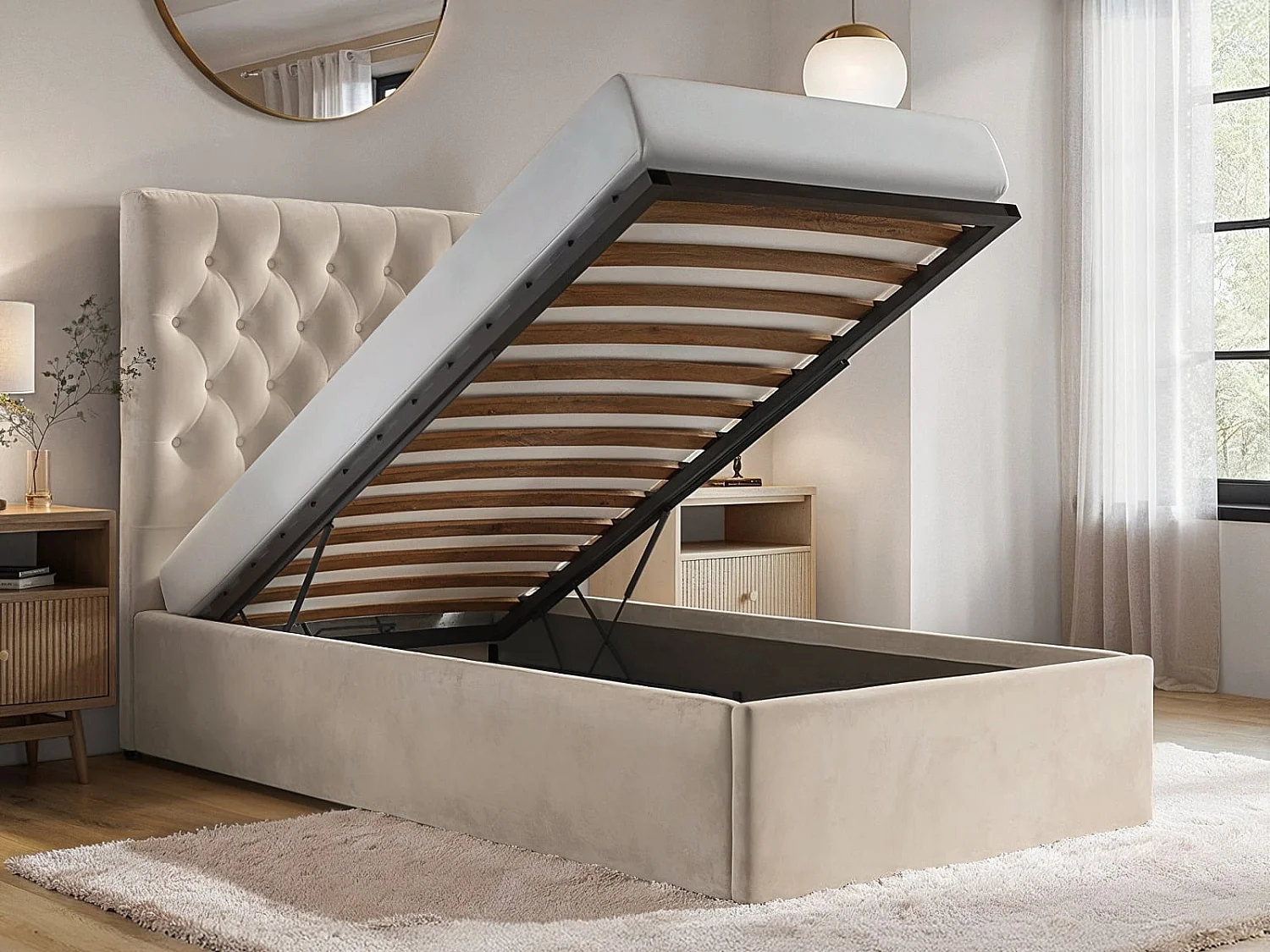 Flair Milan Single Velvet Ottoman Bed Beige