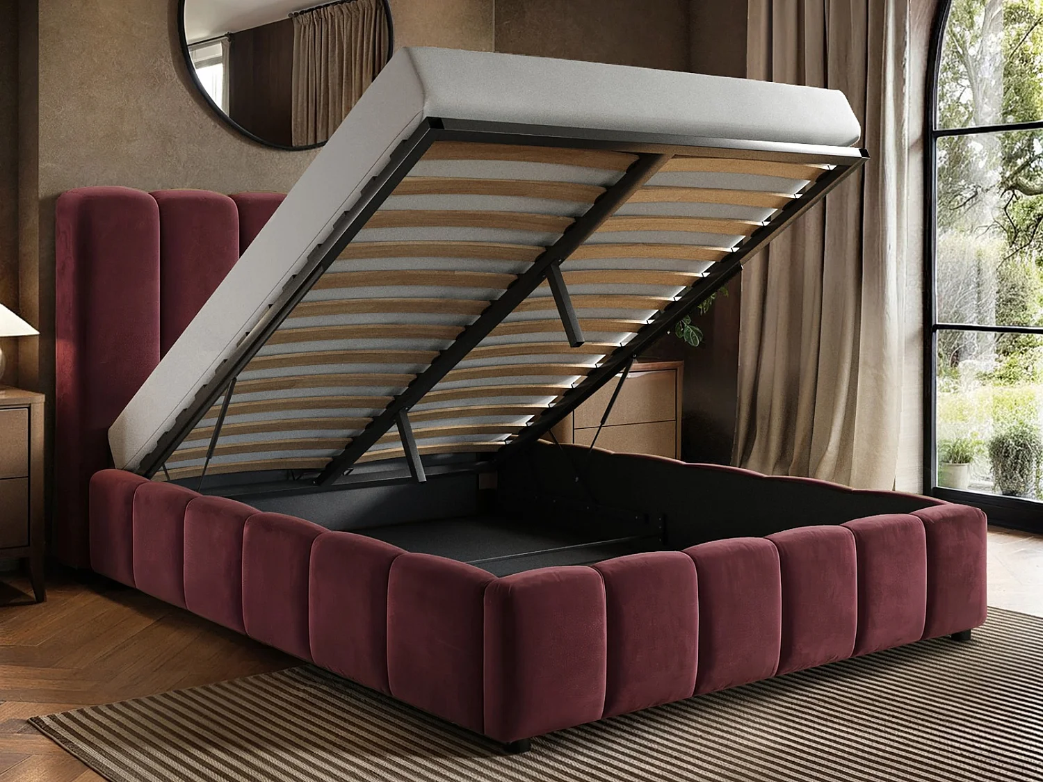 SOLACE+CO Emilie Ribbed Double Ottoman Bed Burgundy Velvet
