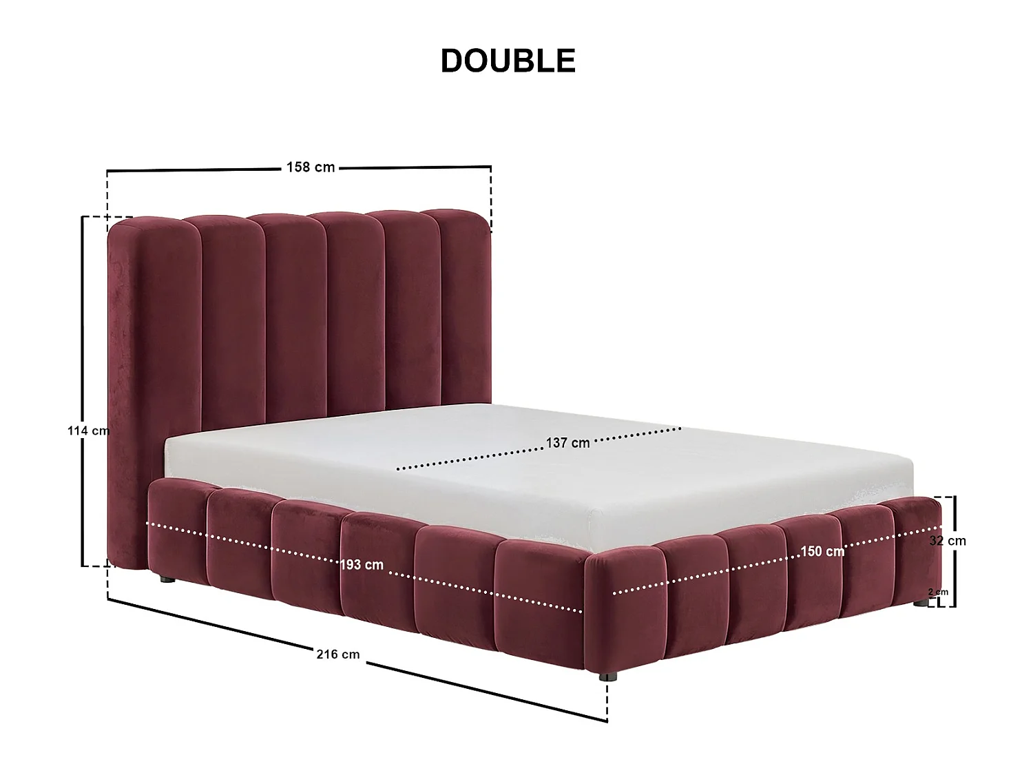 SOLACE+CO Emilie Ribbed Double Ottoman Bed Burgundy Velvet