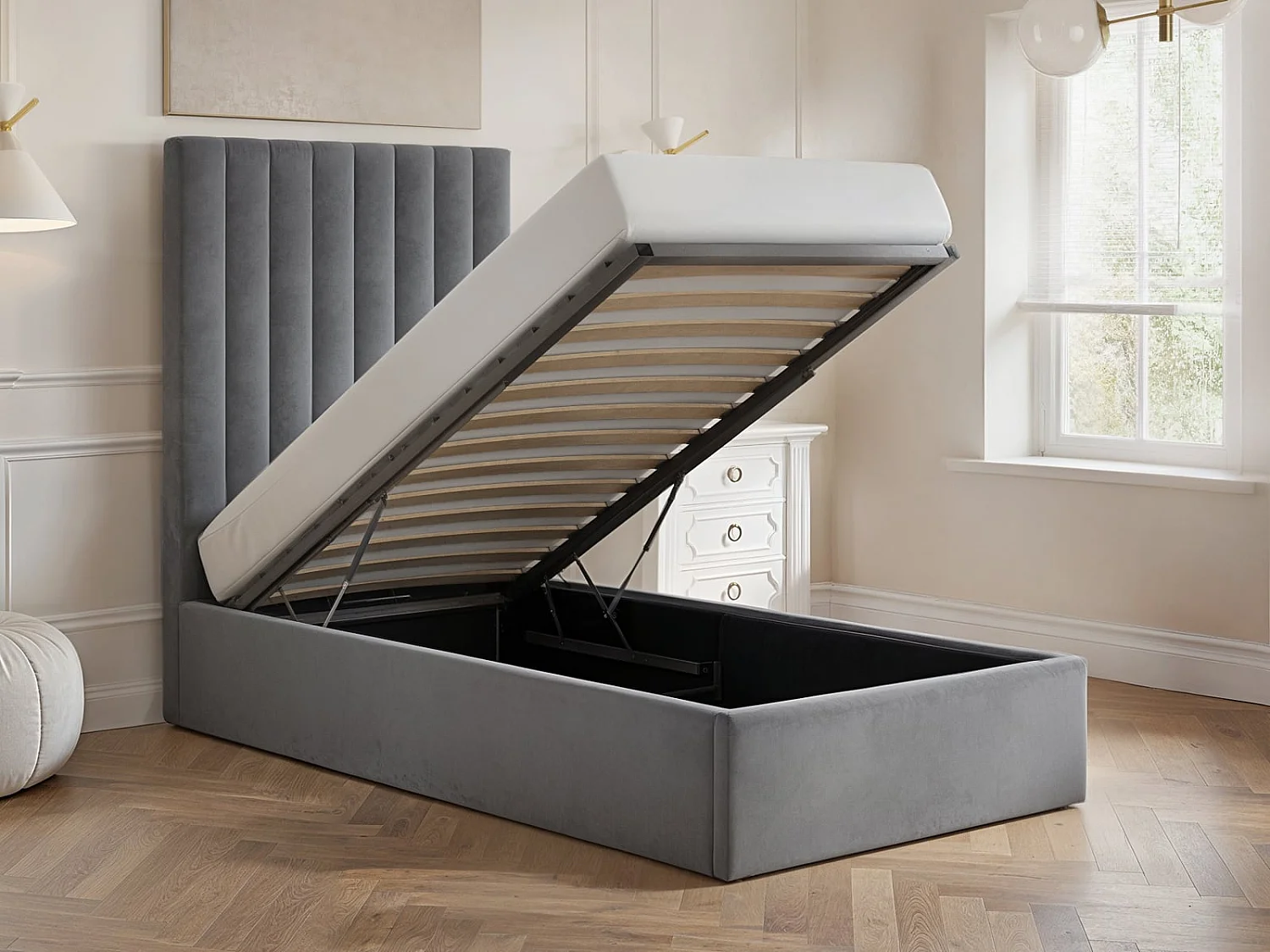 Flair Everley Single Ottoman Bed Grey Velvet
