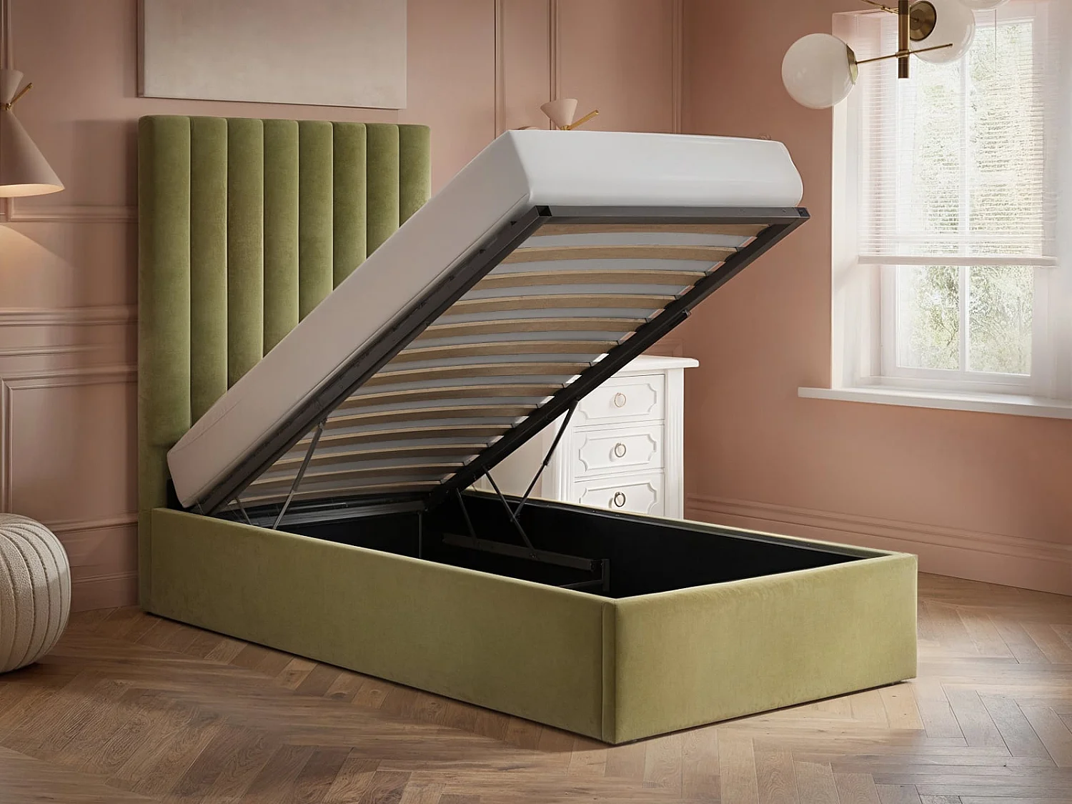 Flair Everley Single Ottoman Bed Green Velvet