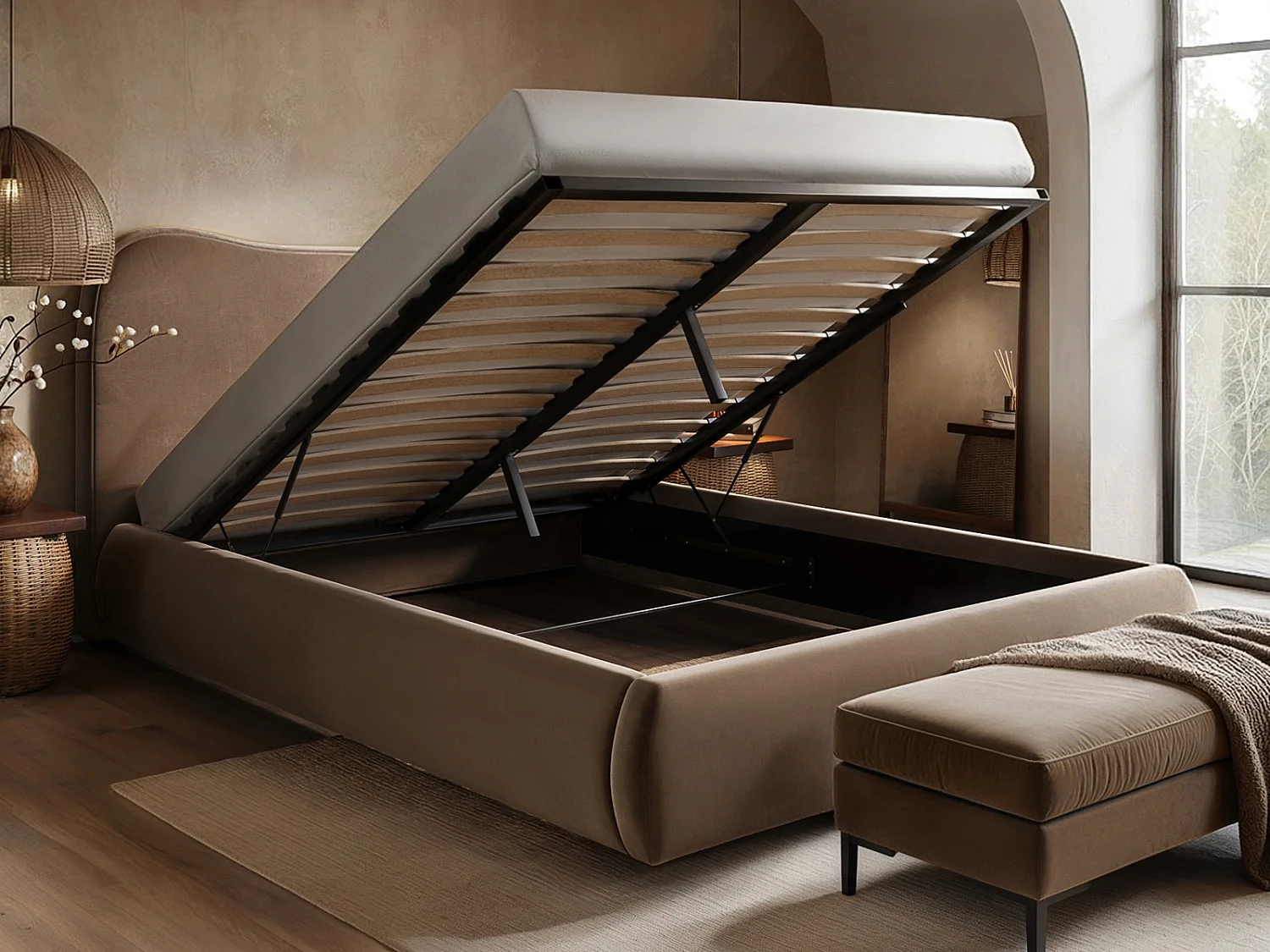 SOLACE+CO Ember Ottoman Bed Chocolate Velvet Double