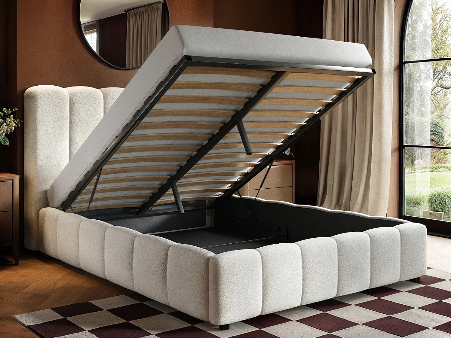 SOLACE+CO Emilie Ribbed Double Ottoman Bed Cream Boucle