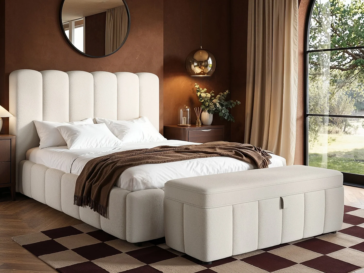 SOLACE+CO Emilie Ribbed Double Ottoman Bed Cream Boucle