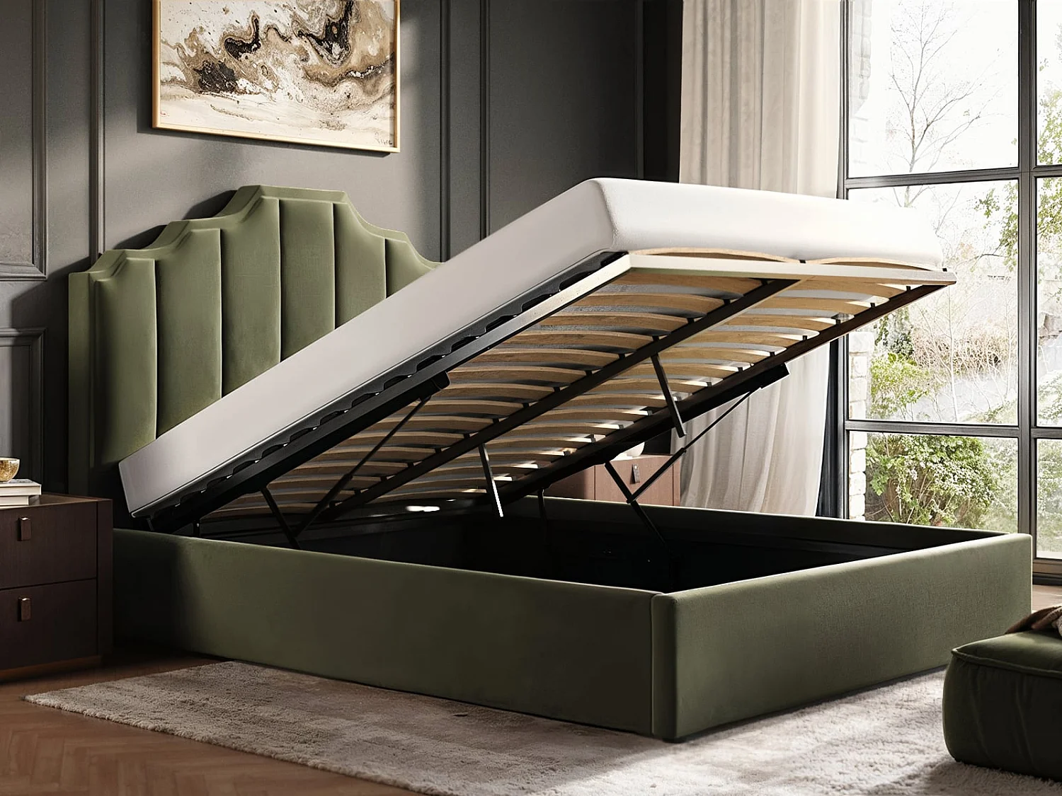 Flair Margot Ottoman Bed Khaki Green Velvet Double