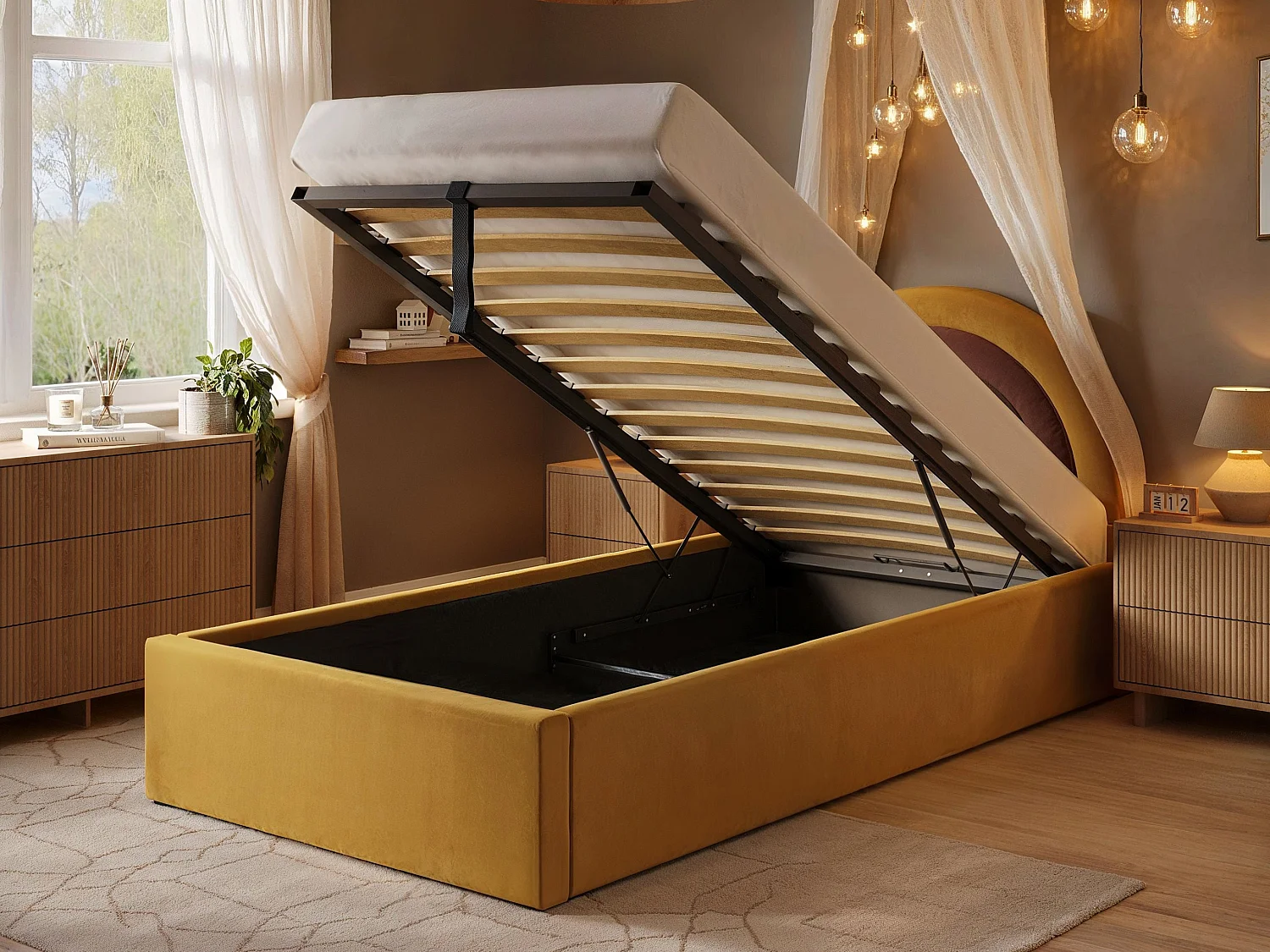 Flair Ava Single Ottoman Bed Mustard Velvet