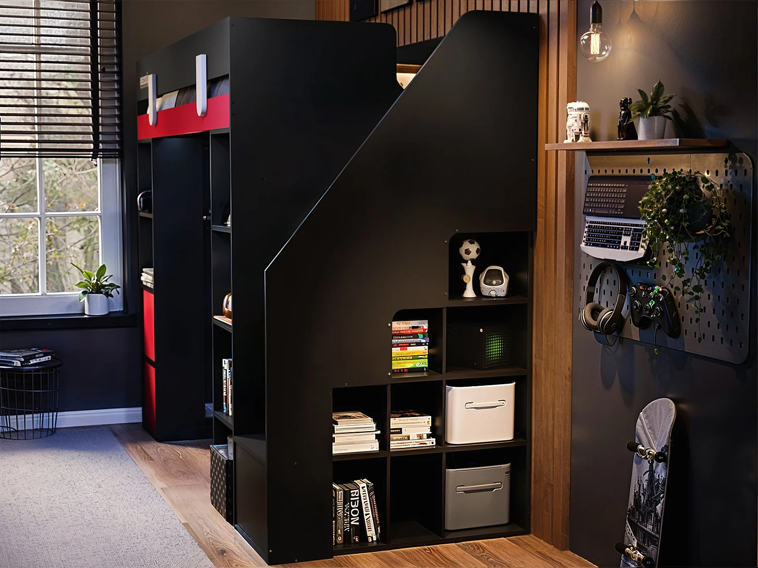 Flair Blaze Staircase Gaming High Sleeper with Storage Black & Red