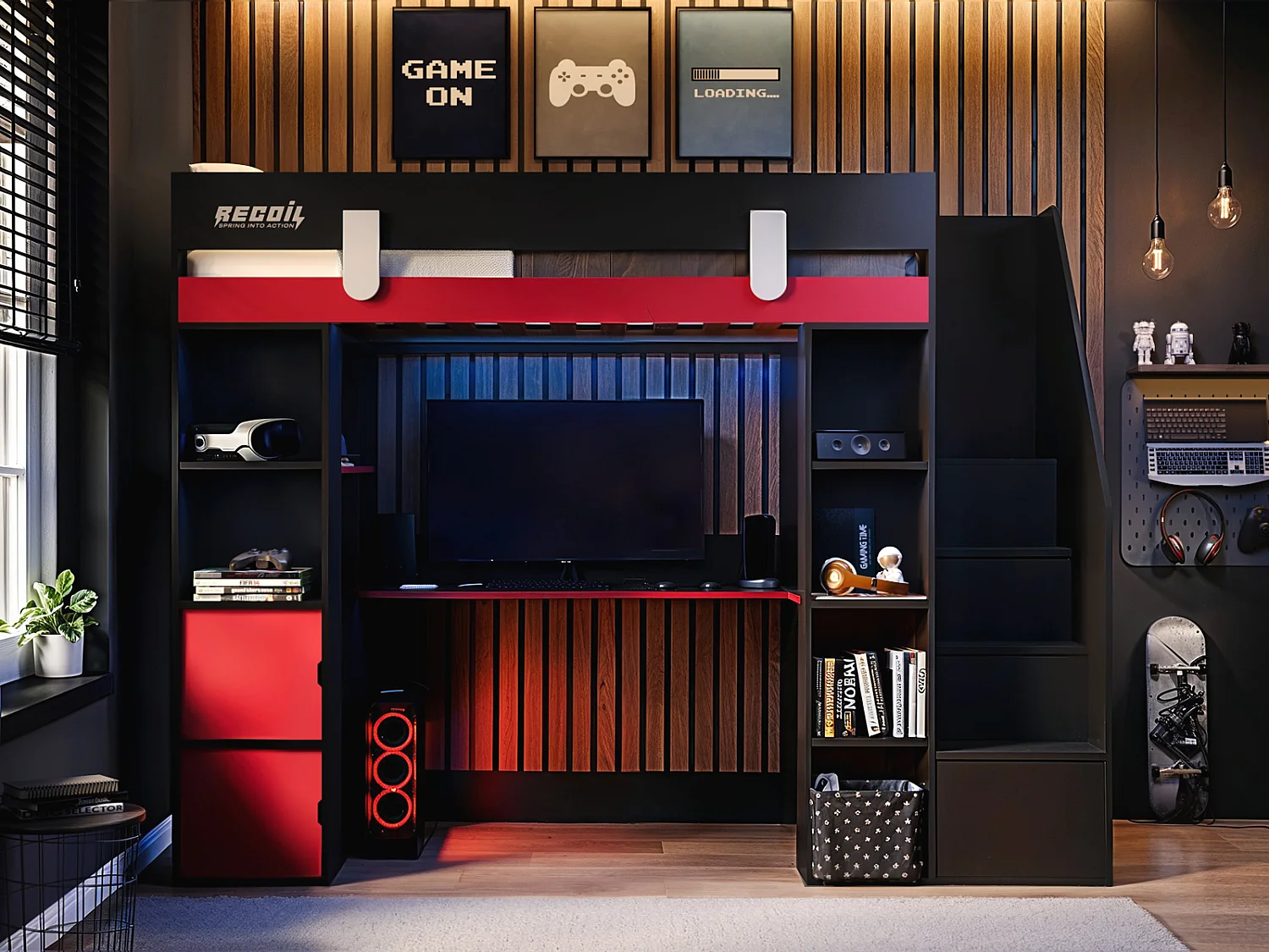 Flair Blaze Staircase Gaming High Sleeper with Storage Black & Red