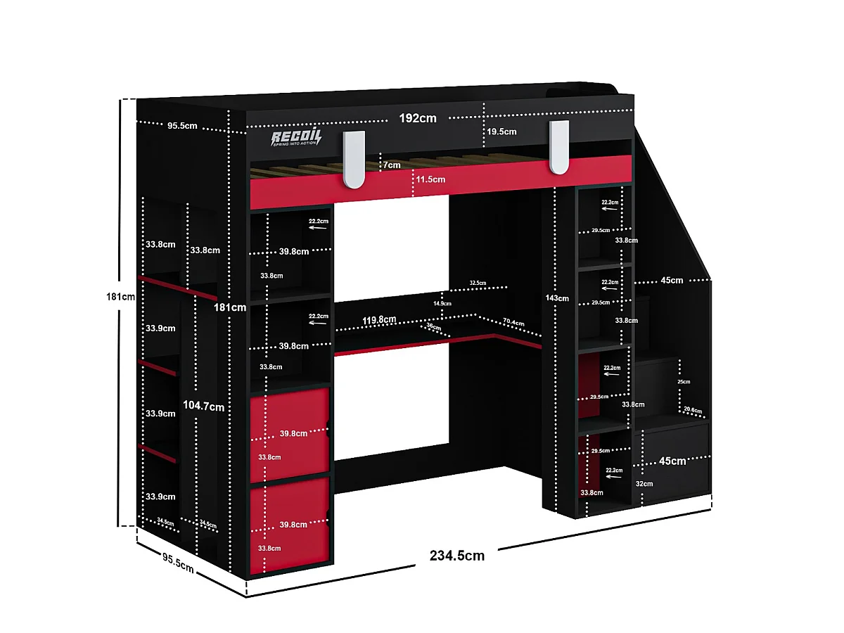Flair Blaze Staircase Gaming High Sleeper with Storage Black & Red