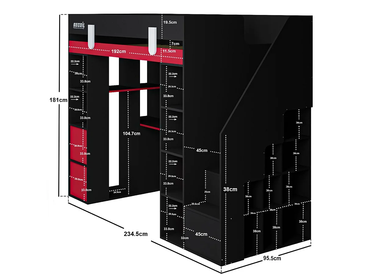 Flair Blaze Staircase Gaming High Sleeper with Storage Black & Red