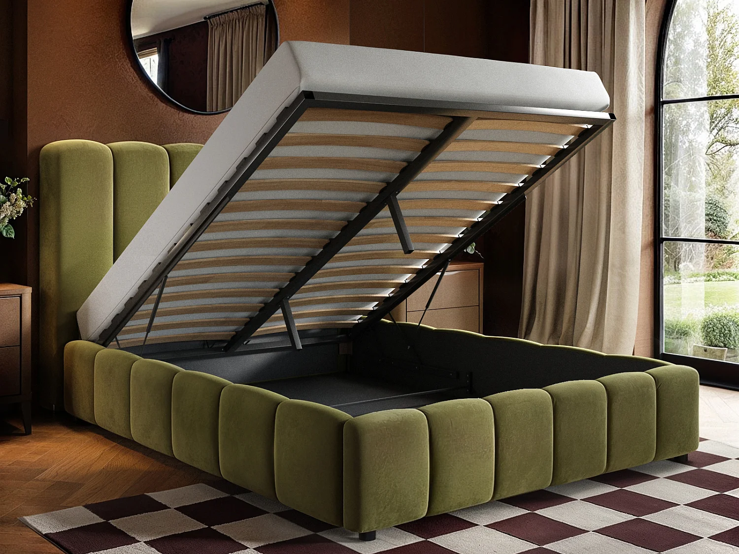 SOLACE+CO Emilie Ribbed Double Ottoman Bed Green Velvet