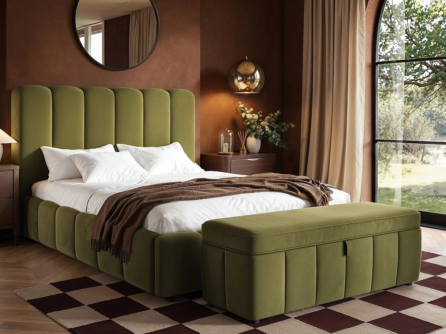 SOLACE+CO Emilie Ribbed Double Ottoman Bed Green Velvet
