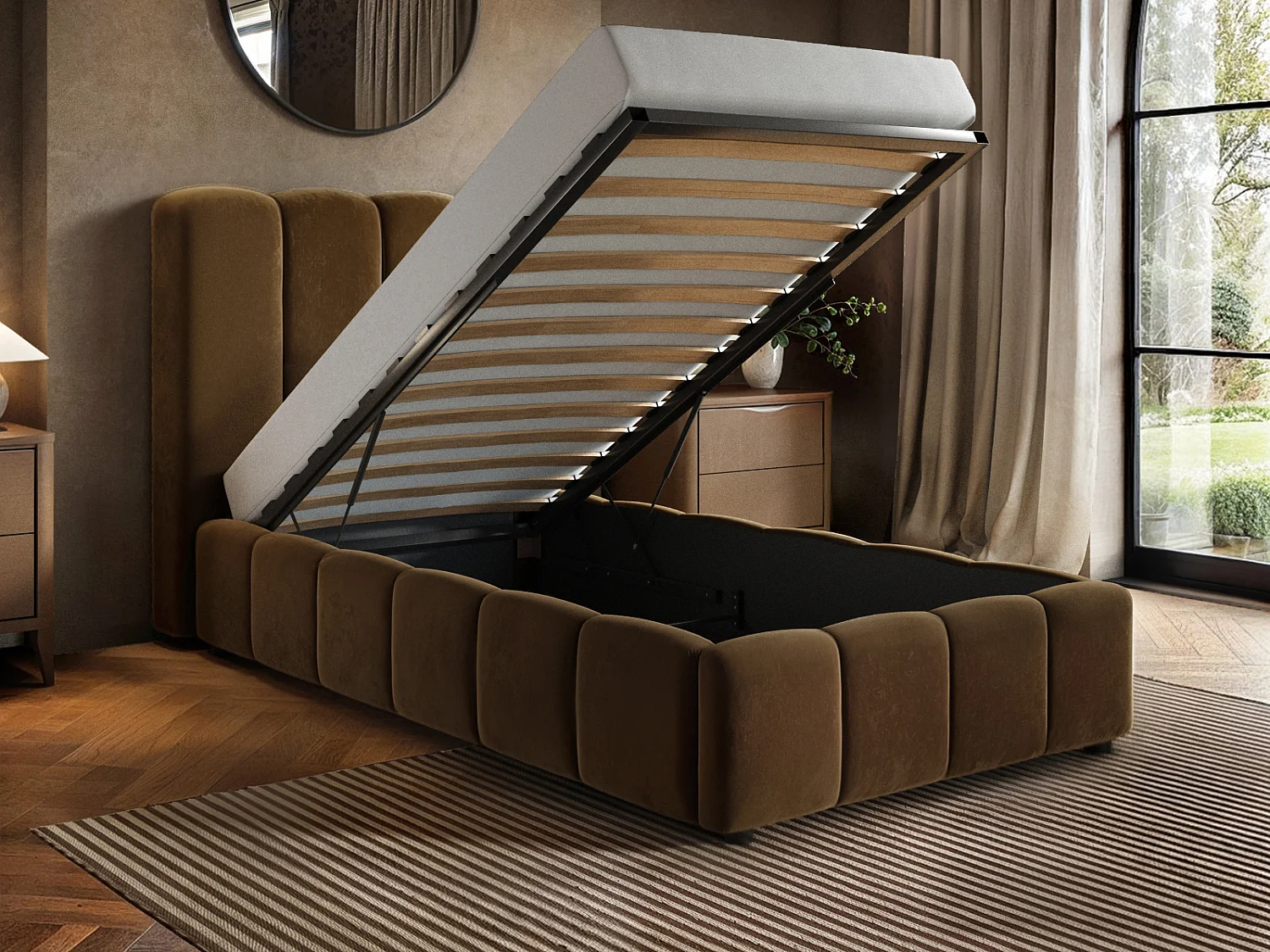 SOLACE+CO Emilie Ribbed Single Ottoman Bed Brown Velvet