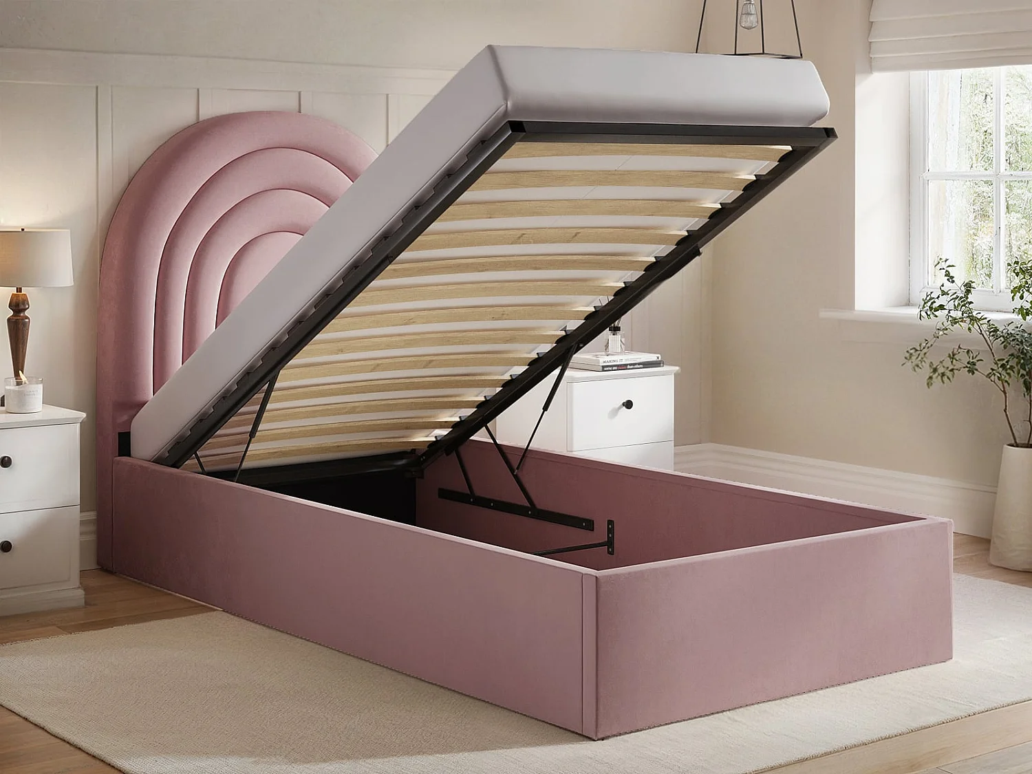 Flair Ava Single Ottoman Bed Pink Velvet