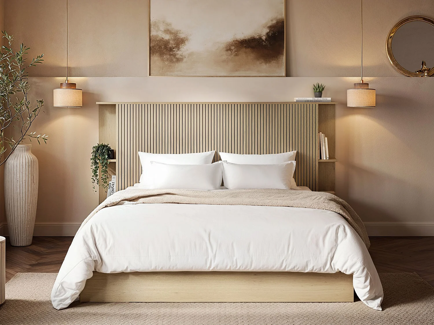 SOLACE+CO Zora Ottoman Double Bed with Headboard Shelves Oak