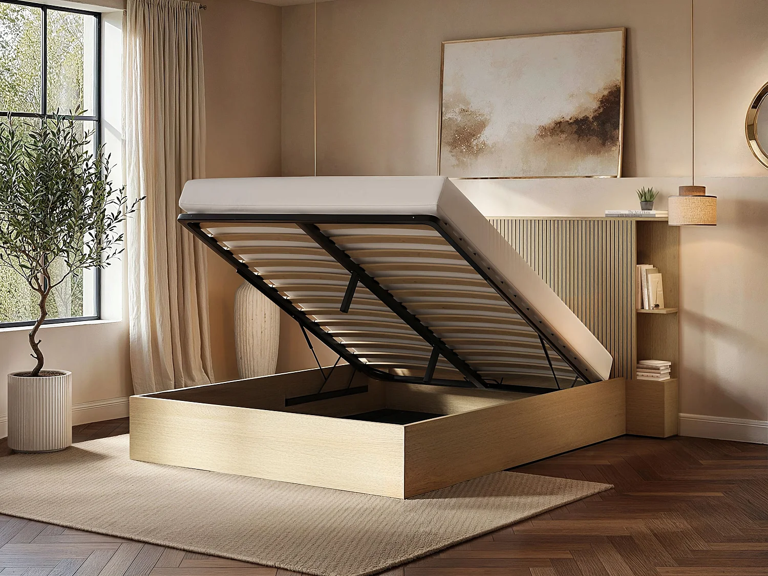 SOLACE+CO Zora Ottoman Double Bed with Headboard Shelves Oak