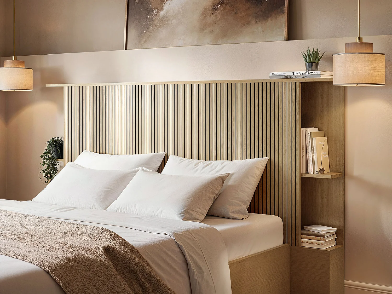 SOLACE+CO Zora Ottoman Double Bed with Headboard Shelves Oak
