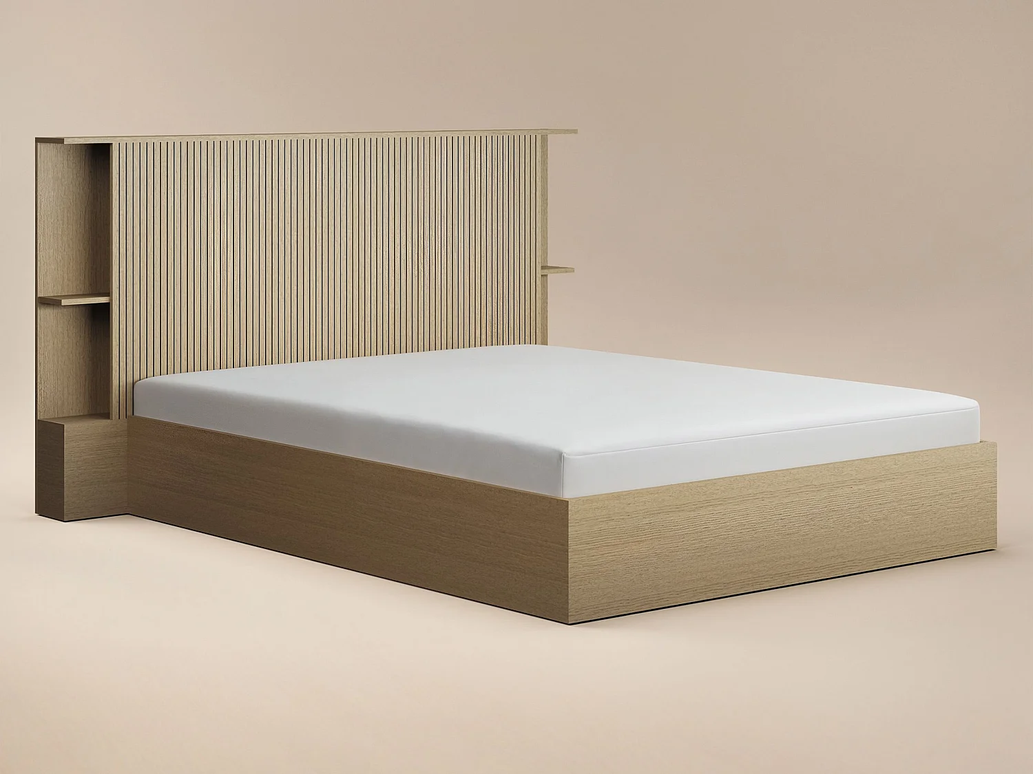 SOLACE+CO Zora Ottoman Double Bed with Headboard Shelves Oak