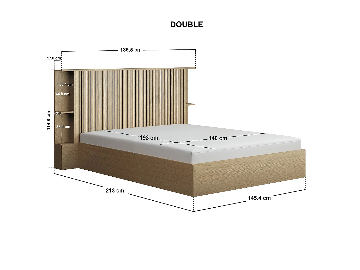 SOLACE+CO Zora Ottoman Double Bed with Headboard Shelves Oak