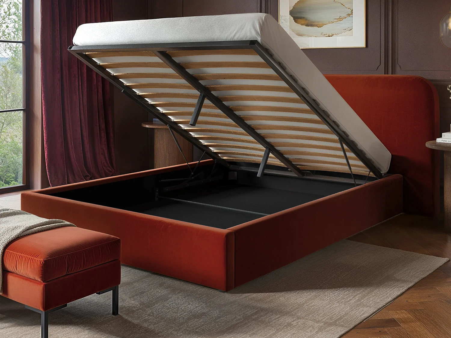 SOLACE+CO Lena Double Velvet Ottoman Bed Burnt Orange