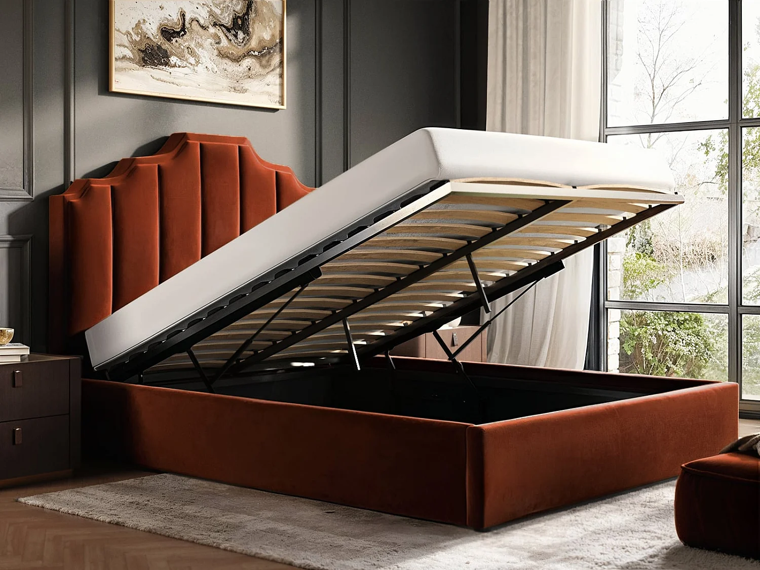 Flair Margot Ottoman Bed Burnt Orange Velvet Double