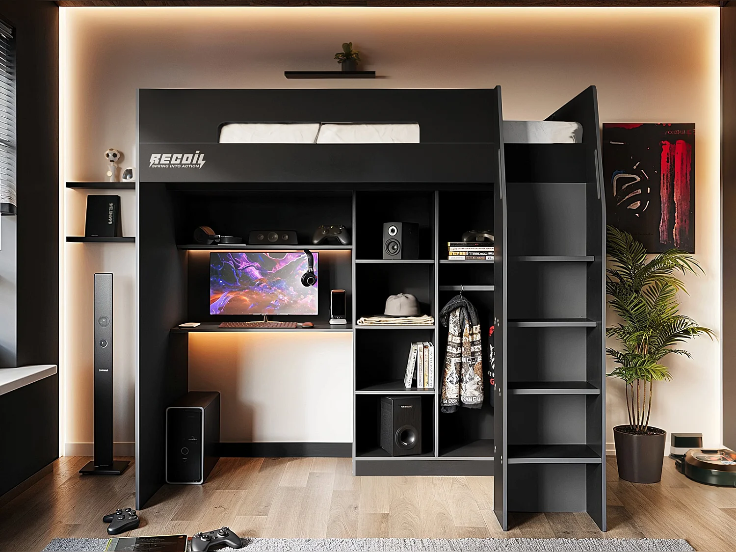 Flair Summit Gaming High Sleeper with Wardrobe Black & Grey