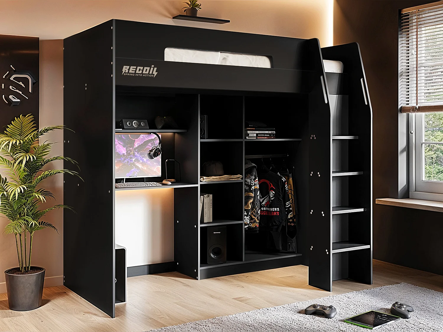 Flair Summit Gaming High Sleeper with Wardrobe Black & Grey