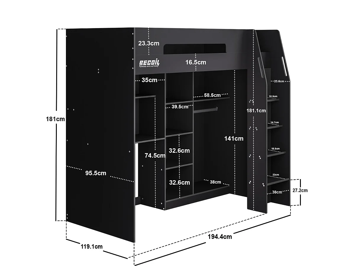 Flair Summit Gaming High Sleeper with Wardrobe Black & Grey