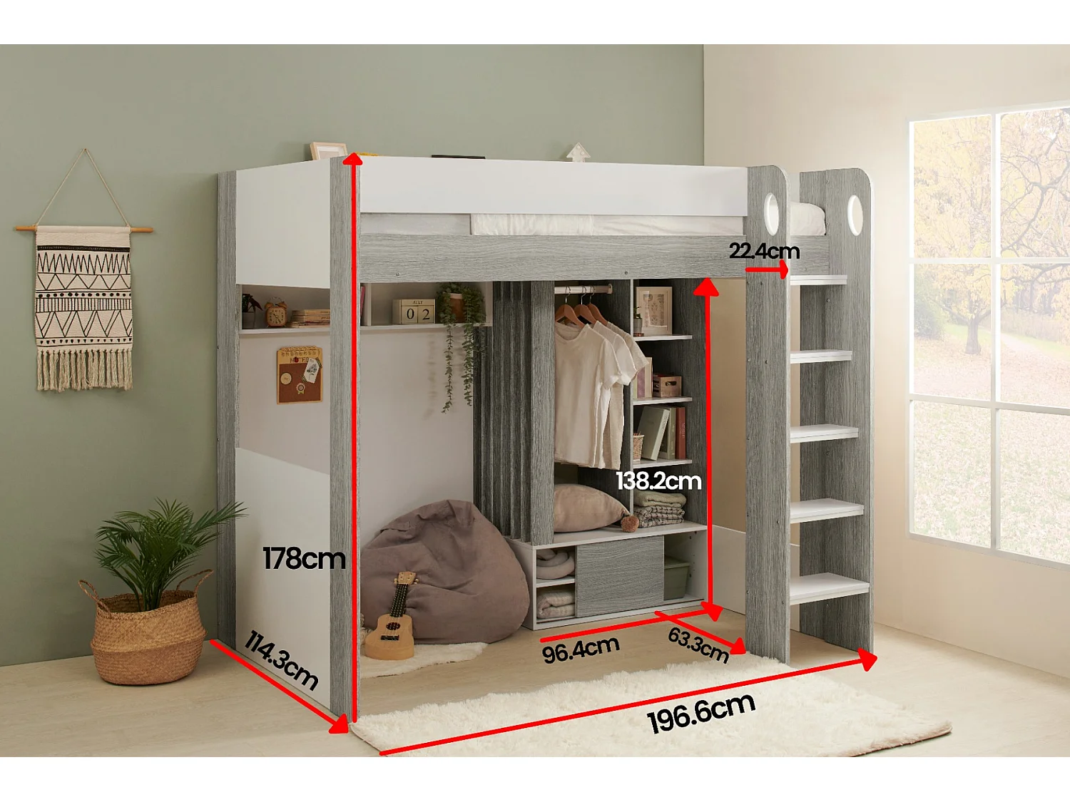 Flair Hampton High Sleeper with Wardrobe White & Grey