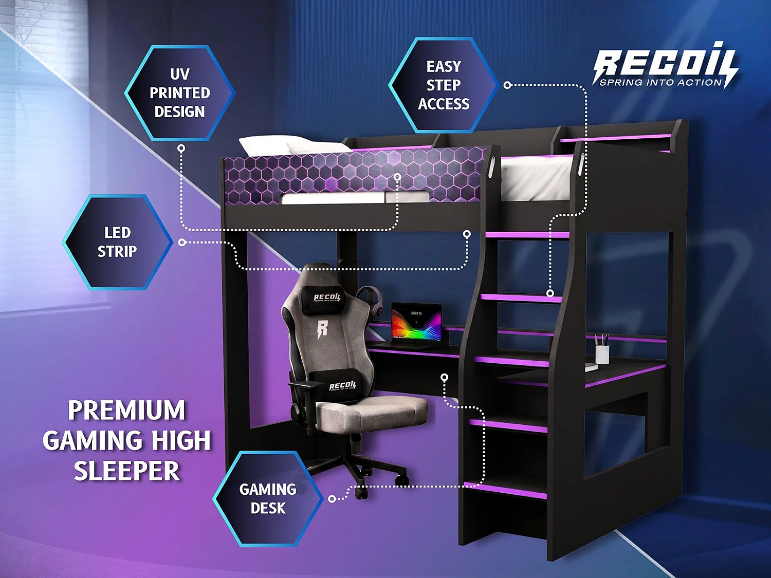 Flair Ultimate Violet Small Double Gaming High Sleeper Charcoal & Purple