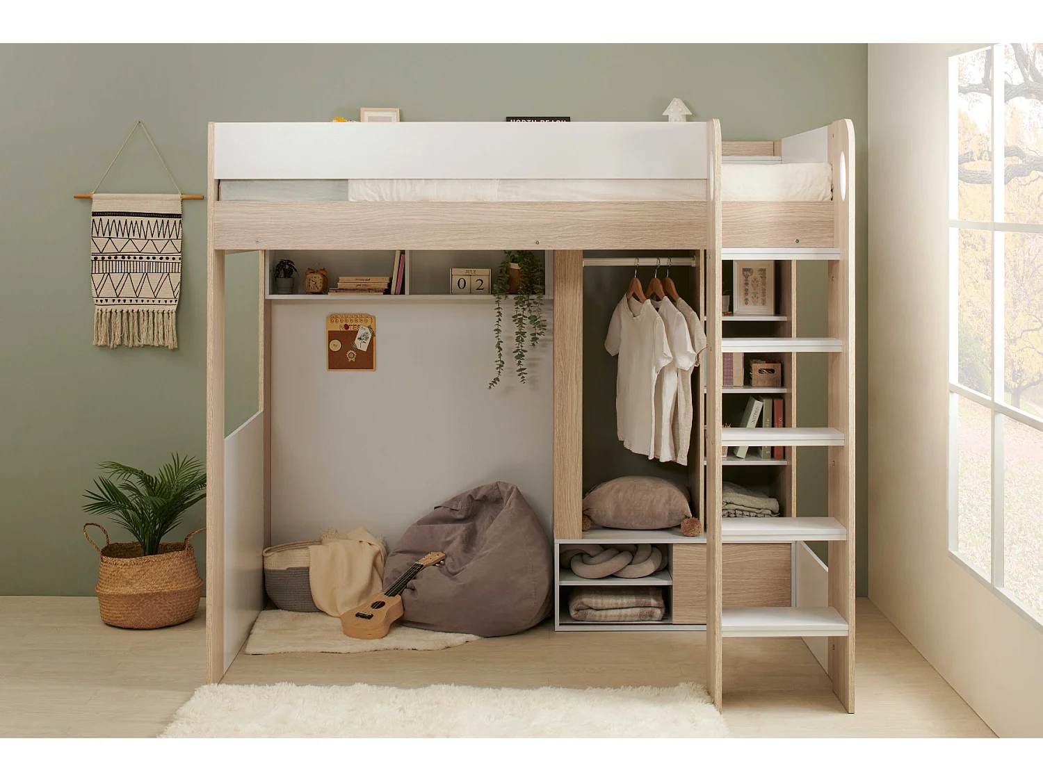 Flair Hampton High Sleeper with Wardrobe White & Oak