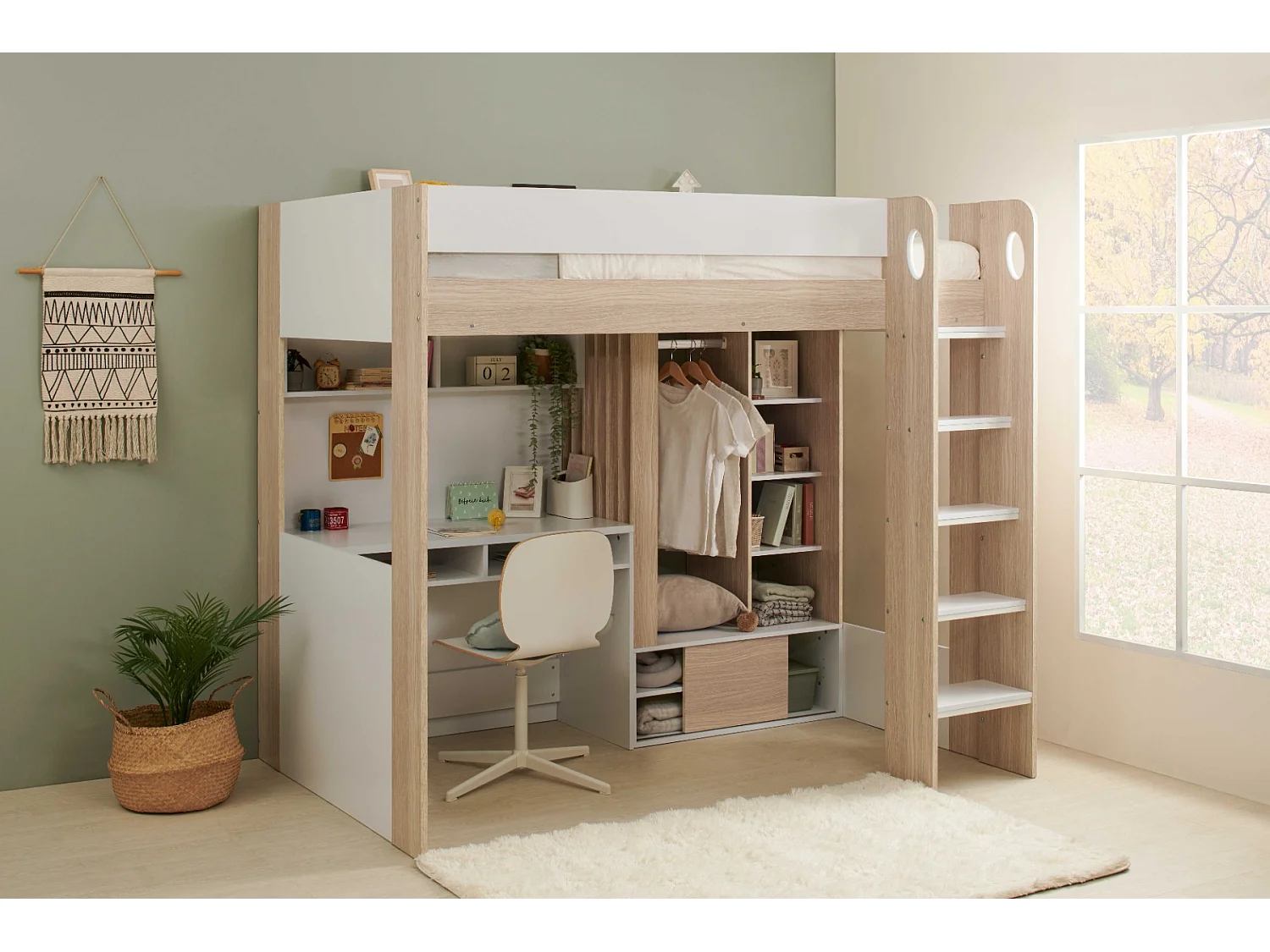 Flair Hampton High Sleeper with Wardrobe White & Oak