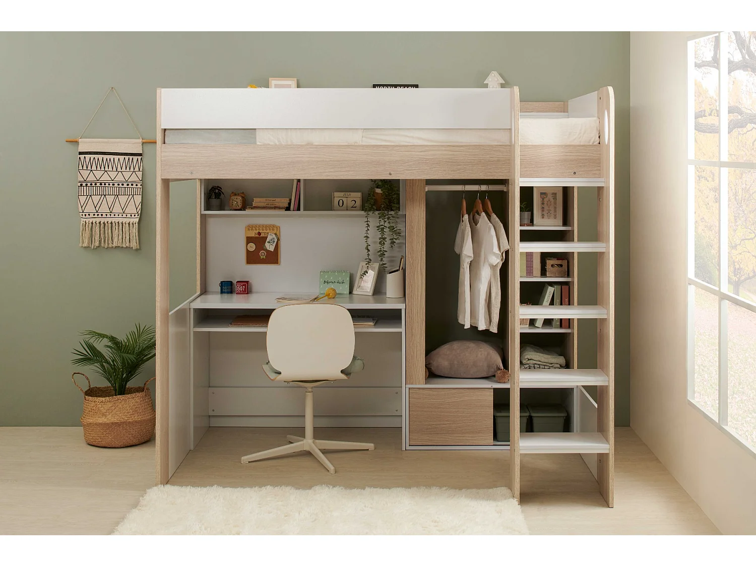 Flair Hampton High Sleeper with Wardrobe White & Oak