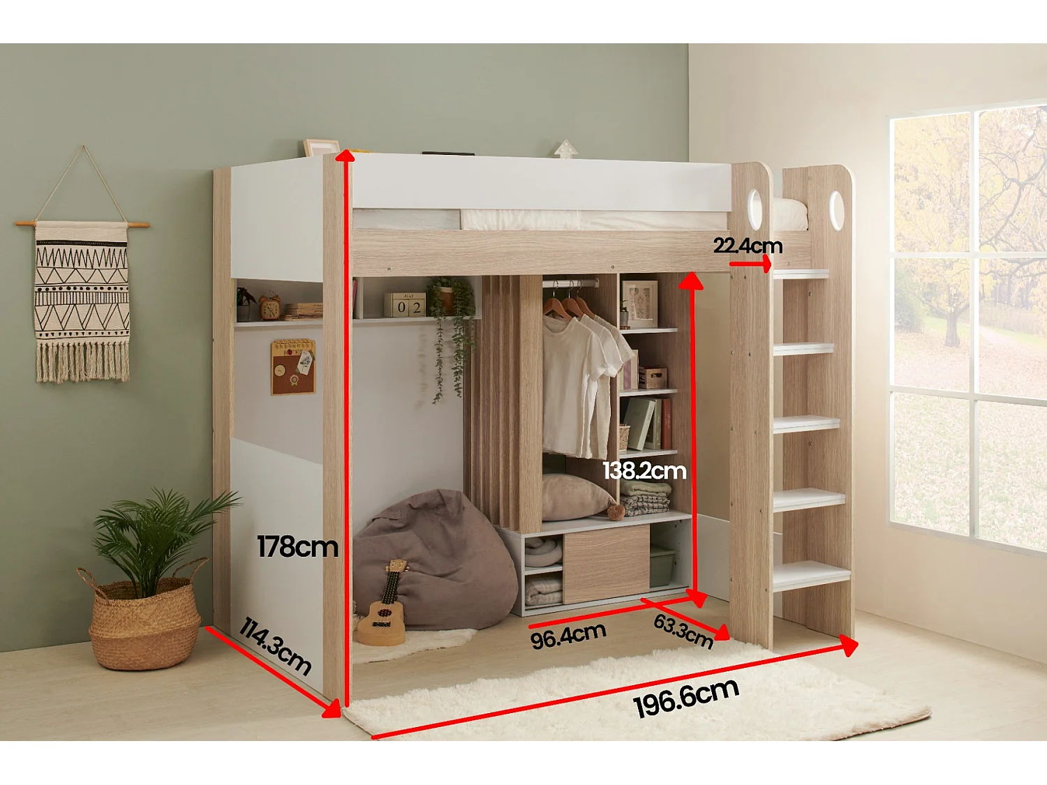 Flair Hampton High Sleeper with Wardrobe White & Oak