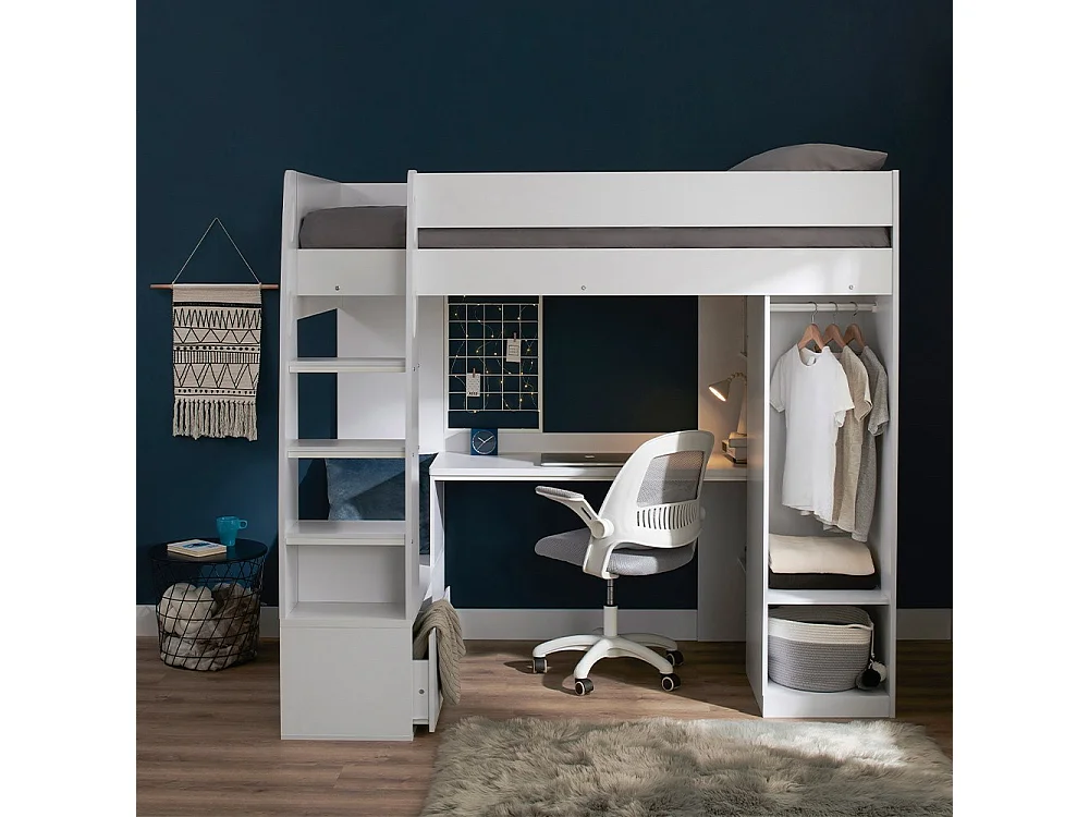 Flair Harry High Sleeper with Desk & Wardrobe White