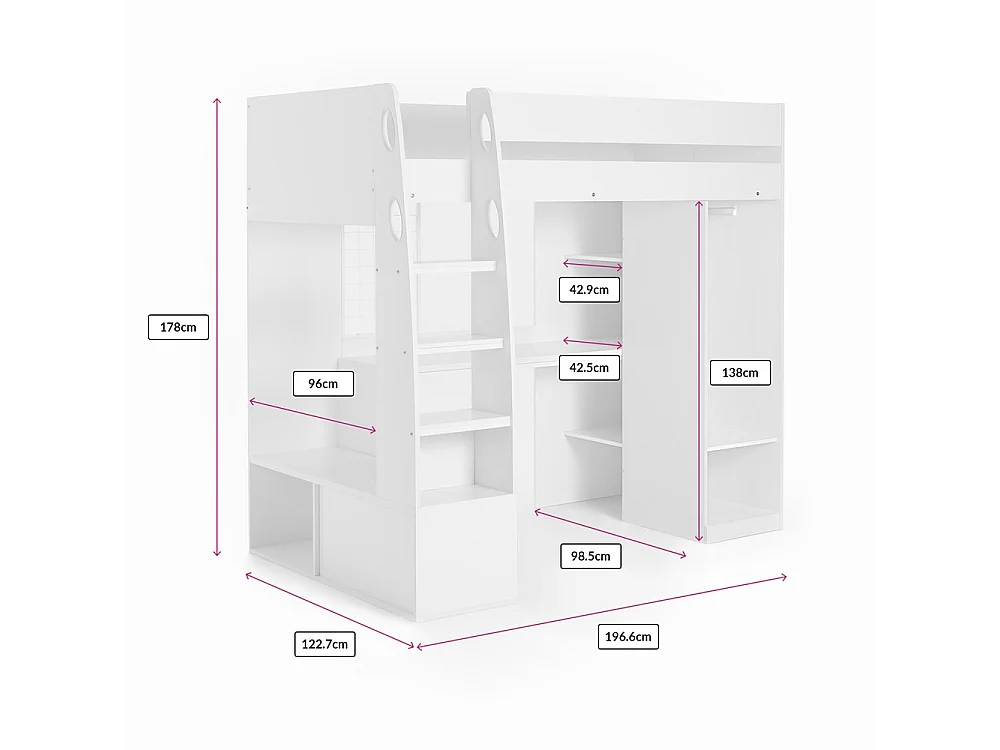 Flair Harry High Sleeper with Desk & Wardrobe White